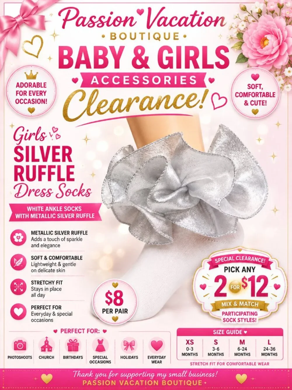 Girls White Silver Ruffle Lace Dress Socks | Cotton Blend | Size S 1–3 Years